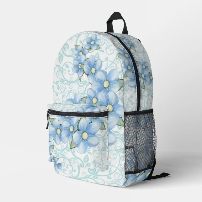 Blue Flowers Printed Backpack (Back Corner Right)