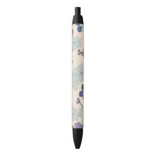 Blue Flowers, Purple Flowers, Floral Pattern Black Ink Pen