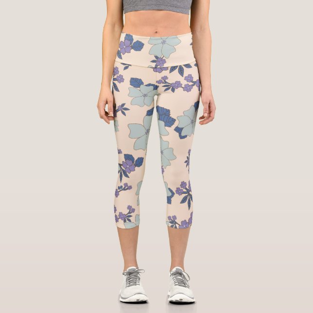 Blue Flowers, Purple Flowers, Floral Pattern Capri Leggings (Front)