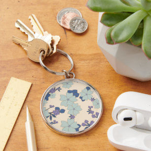 Blue Flowers, Purple Flowers, Floral Pattern Keychain