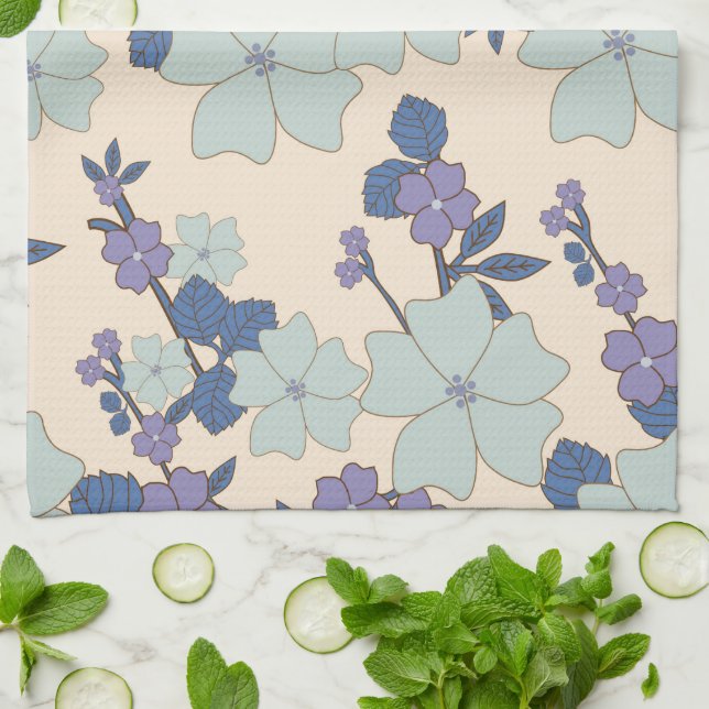 Blue Flowers, Purple Flowers, Floral Pattern Kitchen Towel (Folded)