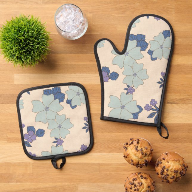Blue Flowers, Purple Flowers, Floral Pattern Oven Mitt & Pot Holder Set (Top Down)