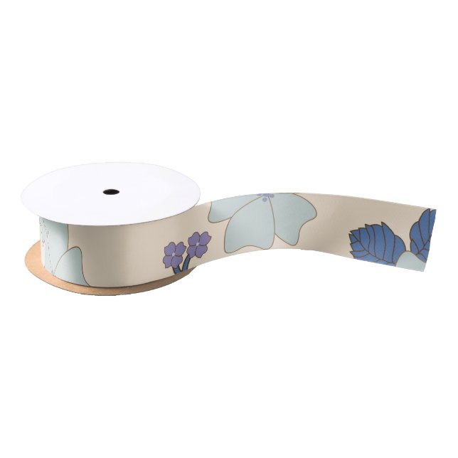 Blue Flowers, Purple Flowers, Floral Pattern Satin Ribbon (Spool)