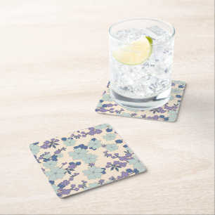Blue Flowers, Purple Flowers, Floral Pattern Square Paper Coaster