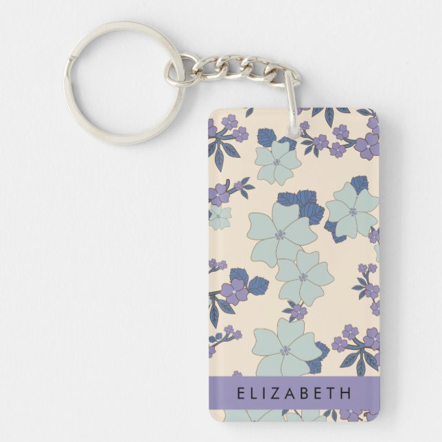 Blue Flowers, Purple Flowers, Floral, Your Name Keychain (Front)