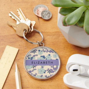 Blue Flowers, Purple Flowers, Floral, Your Name Keychain