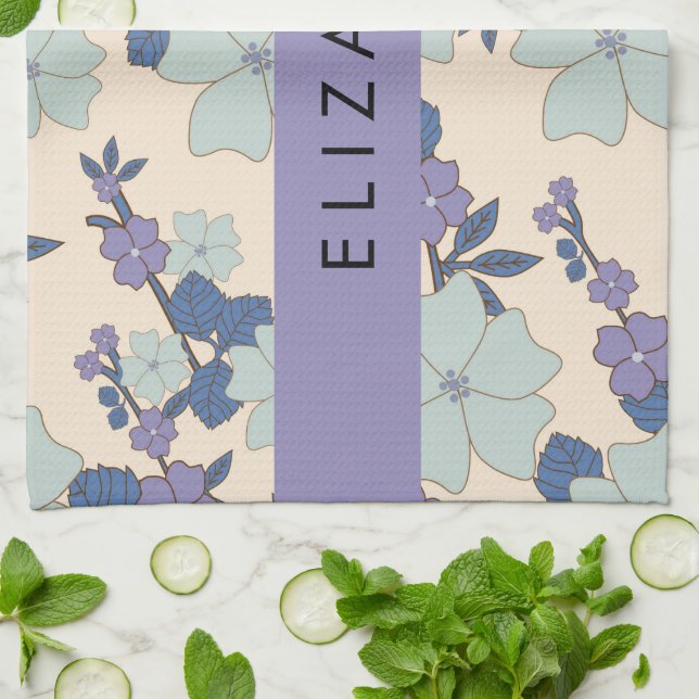 Blue Flowers, Purple Flowers, Floral, Your Name Kitchen Towel (Folded)