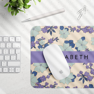 Blue Flowers, Purple Flowers, Floral, Your Name Mouse Pad