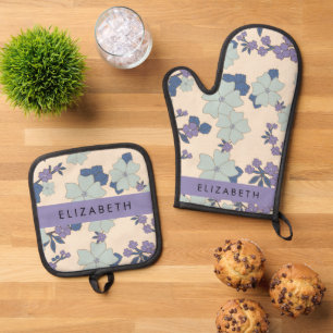 Blue Flowers, Purple Flowers, Floral, Your Name Oven Mitt & Pot Holder Set