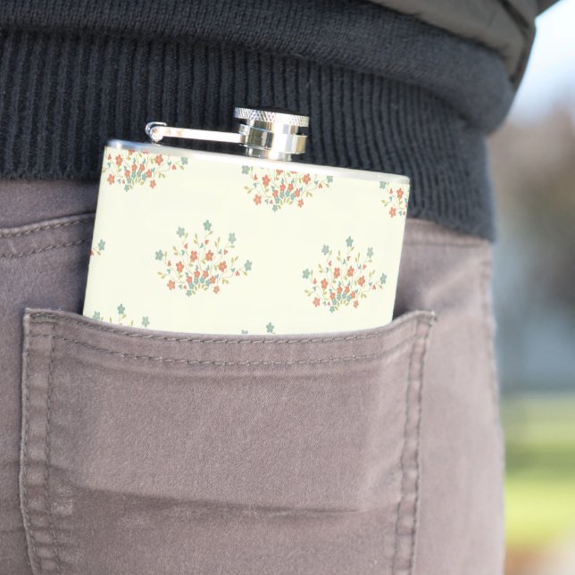 Blue Flowers, Red Flowers, Pattern Of Flowers Hip Flask (In Situ)