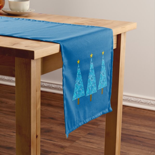 Blue Flowers Retro Modern Christmas Tree Short Table Runner (In Situ)