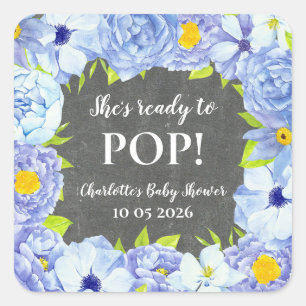 Blue Flowers She's Ready to Pop Baby Shower Tag