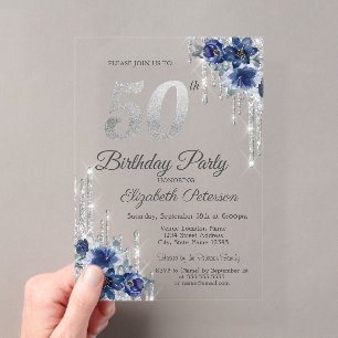 Blue Flowers Silver Glitter Drips 50th Birthday Acrylic Invitations