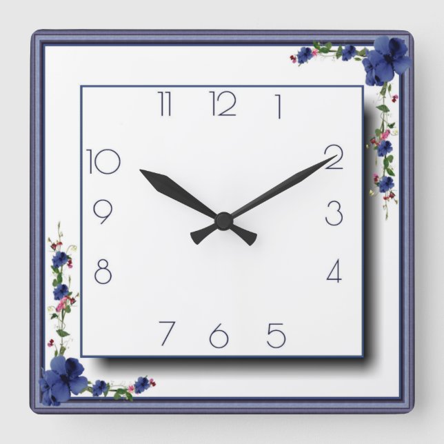 Blue flowers  square wall clock (Front)