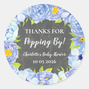 Blue Flowers Thanks for Popping By Baby Shower Tag