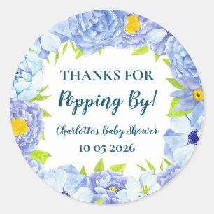 Blue Flowers Thanks for Popping By Baby Shower Tag