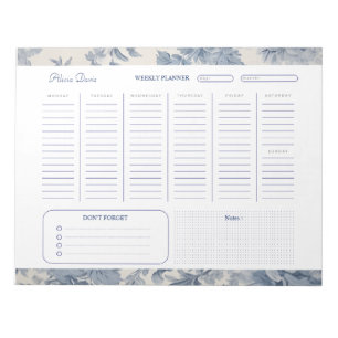 Blue Flowers Toile de Jouy Weekly Planner Notepad