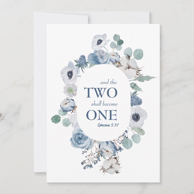 Blue Flowers Two Become One Wedding Invitation (Front)