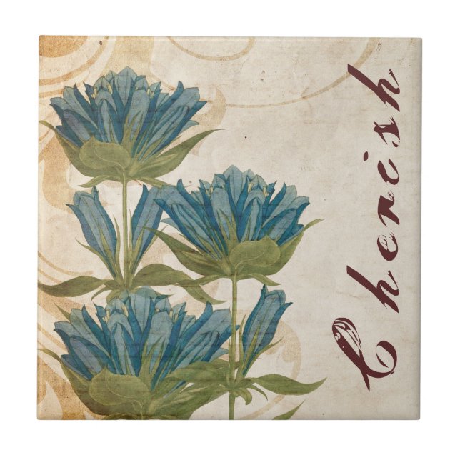 Blue Flowers Vintage Wedding Tile (Front)