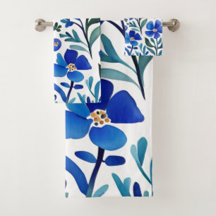 Blue Flowers Watercolor Art Pattern Bath Towel Set