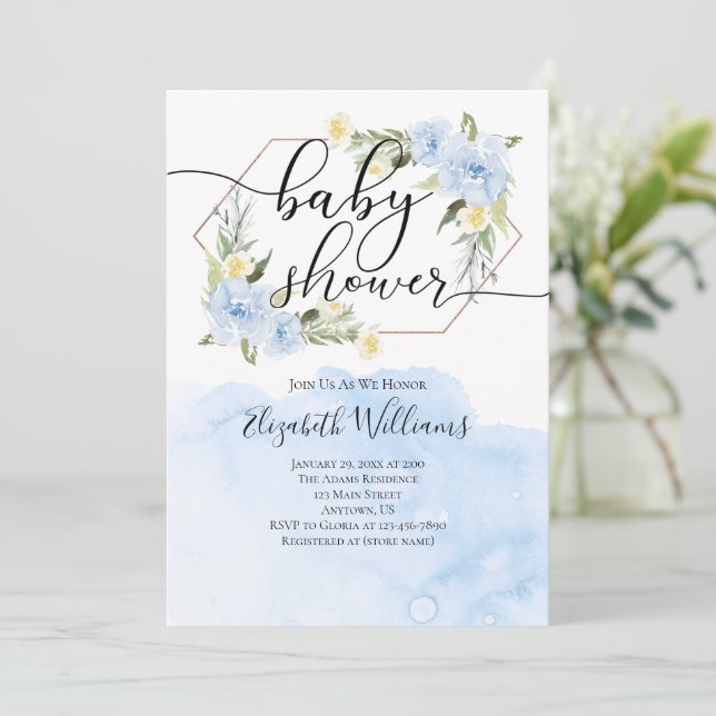 Blue Flowers Watercolor Baby Shower Invitation (Standing Front)