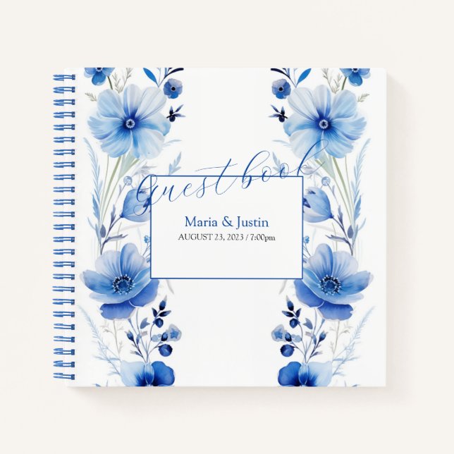 Blue Flowers Watercolor Bouquet Guestbook Notebook (Front)