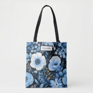 Blue Flowers Watercolor with your name    Tote Bag