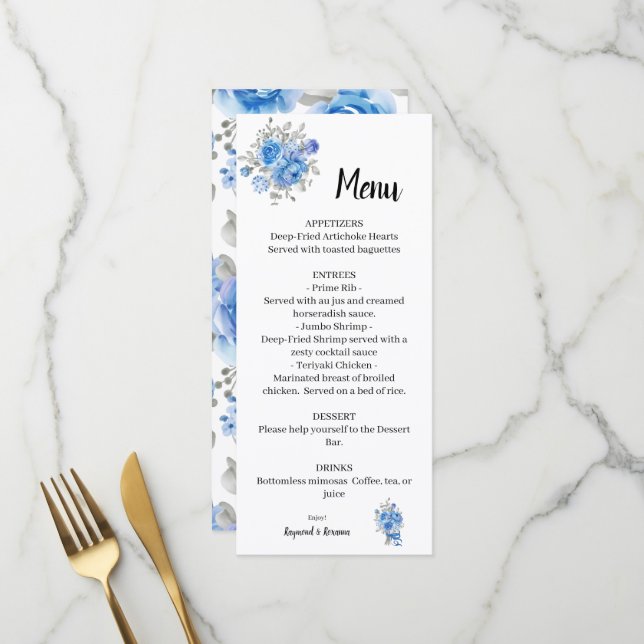 Blue Flowers Wedding Bridal Shower Menu (Front/Back In Situ)