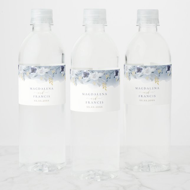 blue flowers wedding water bottle label (Bottles)