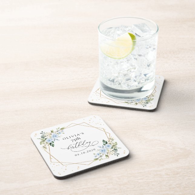 Blue Flowers, White Flowers, Greenery, Birthday Coaster (Right Side)