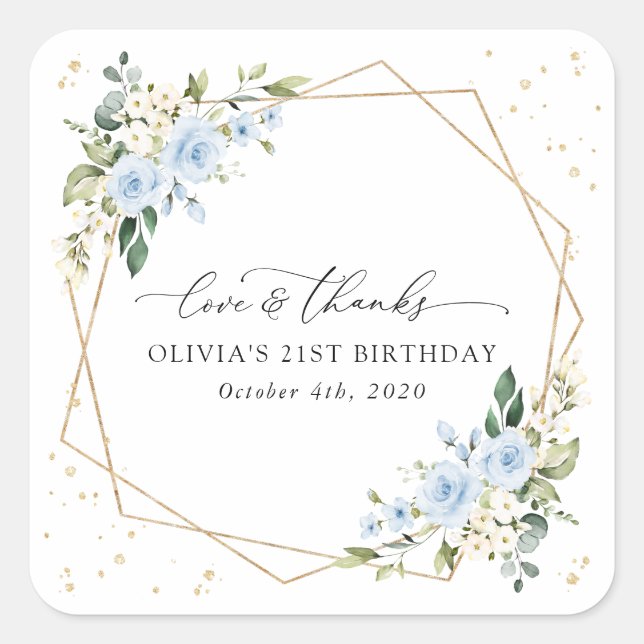 Blue Flowers, White Flowers, Greenery, Birthday Square Sticker (Front)