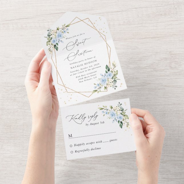 Blue Flowers, White Flowers, Greenery, Sweet 16 All In One Invitation (Tearaway)