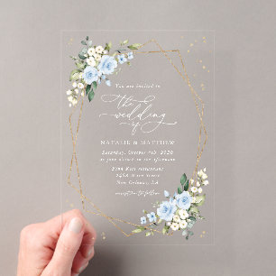 Blue Flowers, White Flowers, Greenery, Wedding Acrylic Invitations