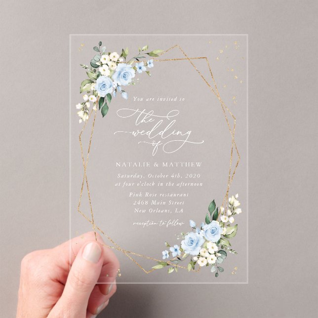 Blue Flowers, White Flowers, Greenery, Wedding Acrylic Invitations (Insitu (Handheld))
