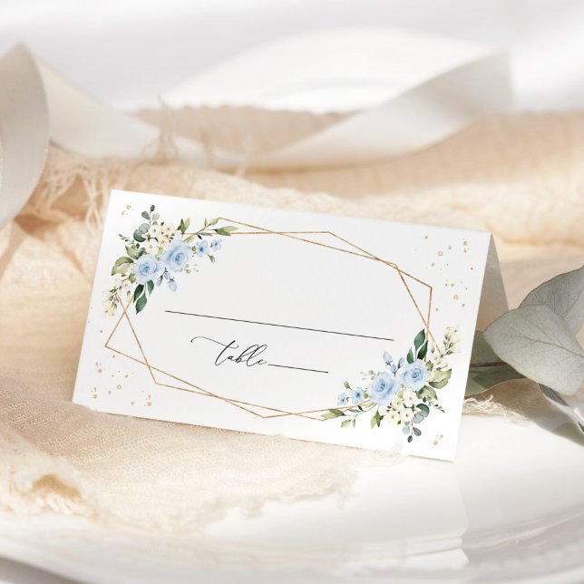 Blue Flowers, White Flowers, Greenery, Wedding Place Card (Creator Uploaded)