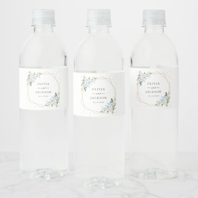Blue Flowers, White Flowers, Greenery, Wedding Water Bottle Label (Bottles)