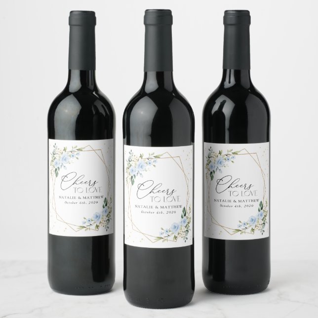 Blue Flowers, White Flowers, Greenery, Wedding Wine Label (Bottles)
