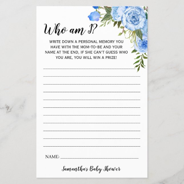 Blue Flowers Who am I Baby Shower Game Card (Front)