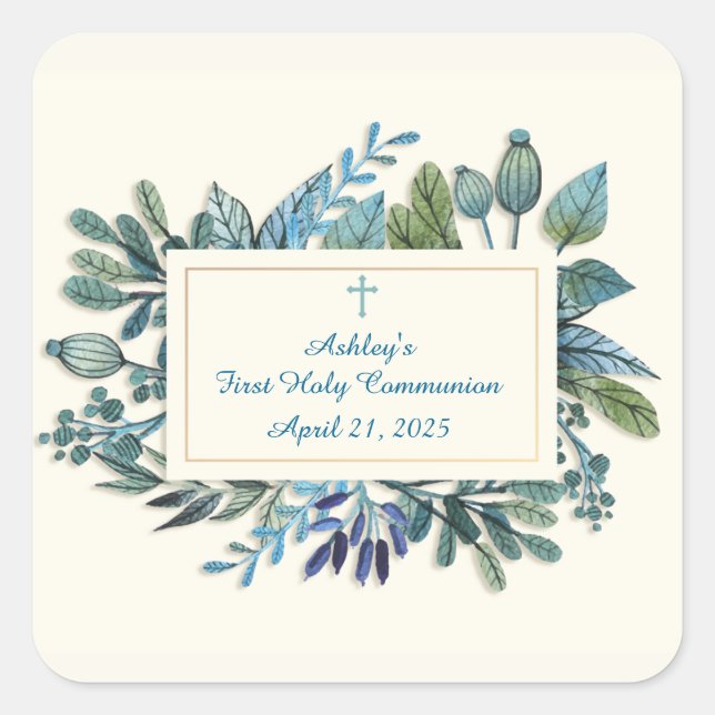 Blue Flowers with Cross, Religious Square Sticker (Front)