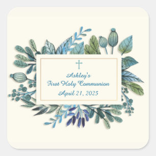 Blue Flowers with Cross, Religious Square Sticker