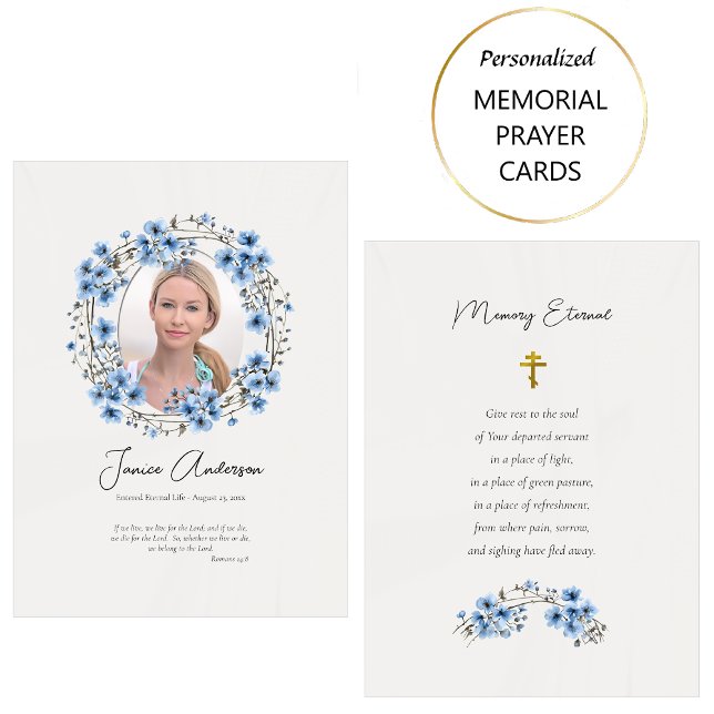 Blue Flowers Wreath Orthodox Funeral Prayer Card (Creator Uploaded)