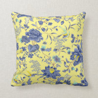 Blue Flowers Yellow Birds Throw Pillow