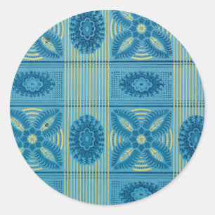 Blue flowers yellow stripes vintage art Pattern Classic Round Sticker