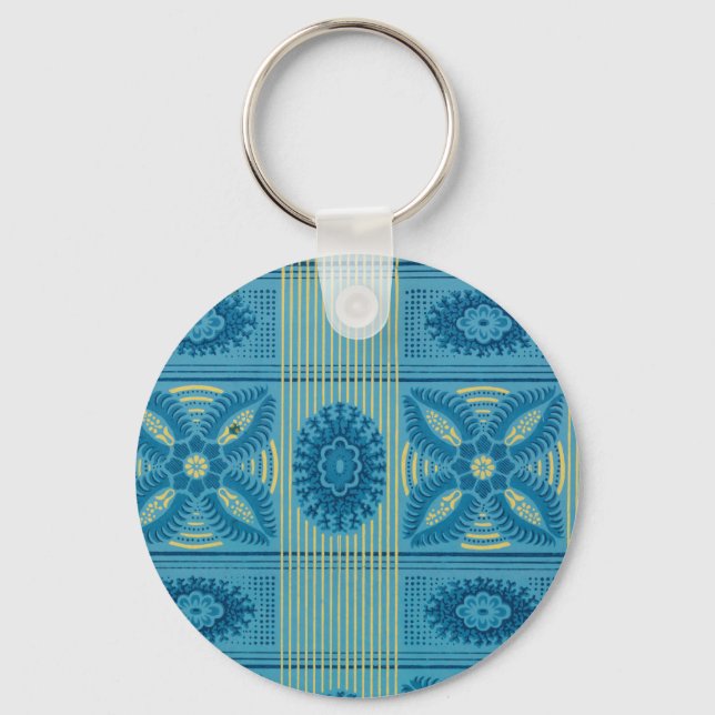 Blue  flowers yellow stripes vintage art Pattern  Keychain (Front)