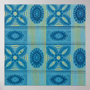 Blue flowers yellow stripes vintage art Pattern Poster