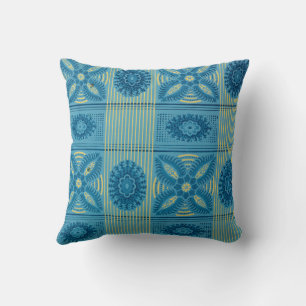 Blue flowers yellow stripes vintage art Pattern Throw Pillow