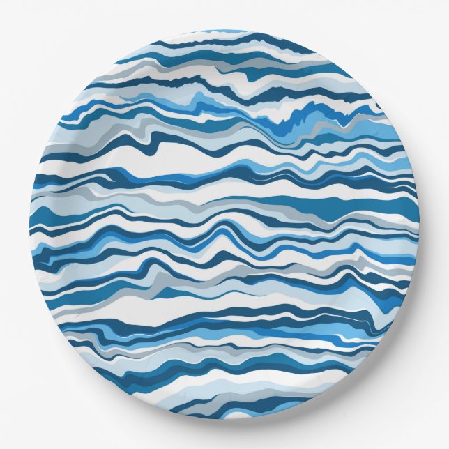  Blue Fluid Art Marble Pour Painting Strip Paper Plate (Front)