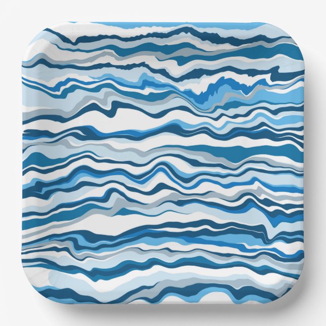  Blue Fluid Art Marble Pour Painting Stripe Paper Plate (Front)