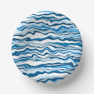 Blue Fluid Art Marble Pour Painting Stripe Paper Plate