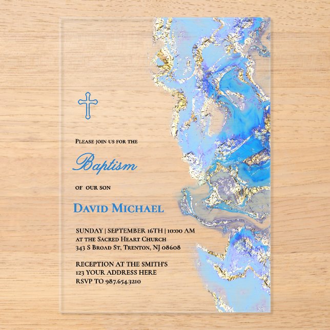 blue fluid marble Baptism acrylic invitation (Front)